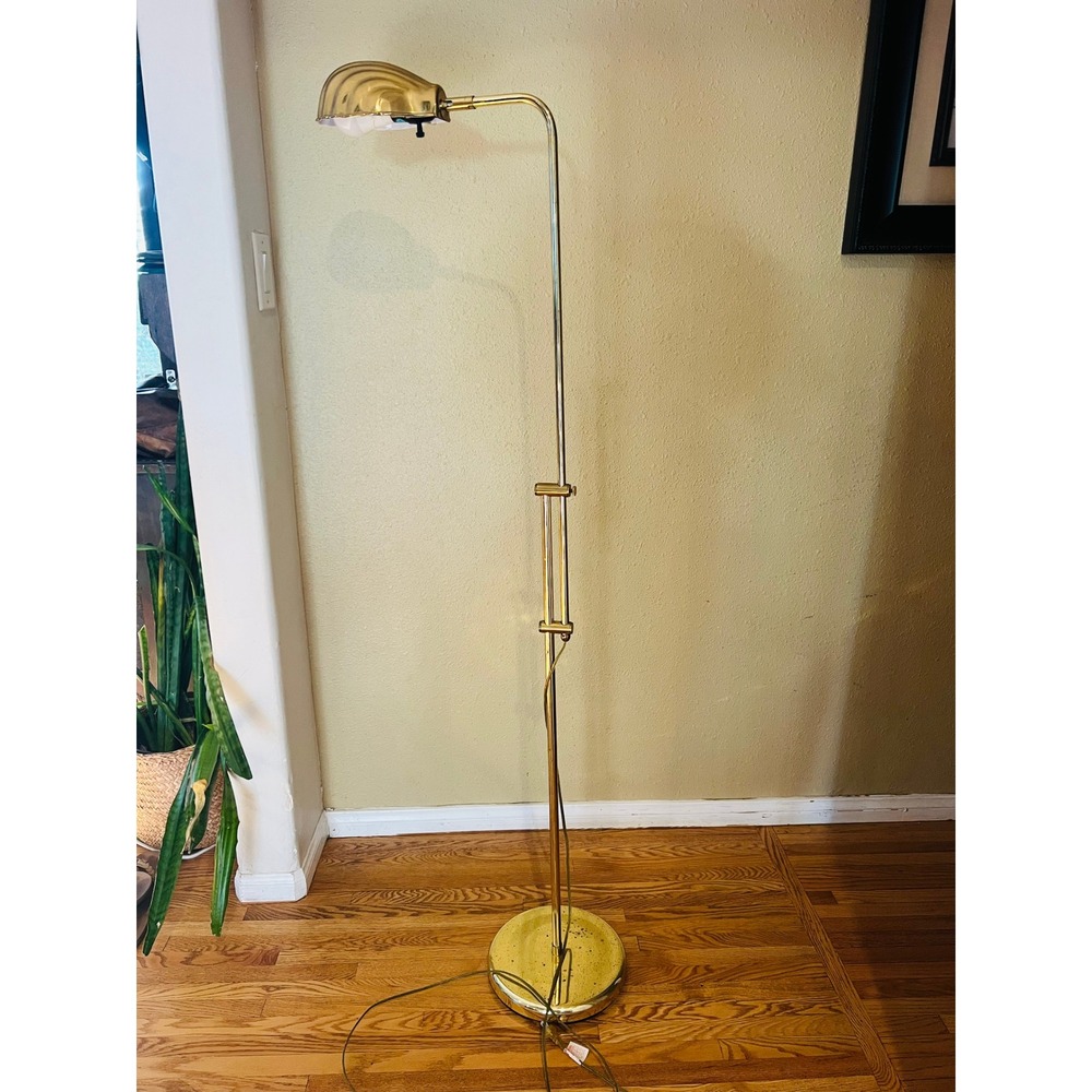 Vintage Brass Pharmacy Floor Lamp Adjustable Clam Shell Scalloped Shade Gold